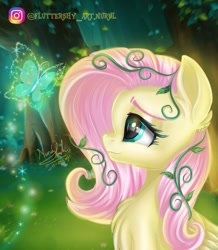 Size: 757x868 | Tagged: safe, artist:fluttershy_art.nurul, fluttershy, butterfly, pegasus, pony, g4, beautiful, beautiful eyes, chest fluff, cute, eyebrows, eyelashes, forest, forest background, illustration, leaf, plant, profile, semi-realistic, shine, shyabetes, solo, tree, vine