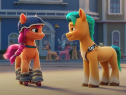 Size: 942x714 | Tagged: safe, screencap, hitch trailblazer, sunny starscout, earth pony, pony, g5, my little pony: a new generation, spoiler:my little pony: a new generation, cropped, duo, female, male, mare, roller skates, shipping fuel, stallion