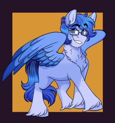 Size: 1202x1280 | Tagged: safe, artist:twisted-sketch, oc, oc only, oc:soaring spirit, pegasus, pony, blaze (coat marking), chest fluff, coat markings, colored wings, commission, facial markings, glasses, looking at you, male, neck fluff, pegasus oc, simple background, smiling, smiling at you, socks (coat markings), solo, spread wings, stallion, three toned wings, unshorn fetlocks, wings