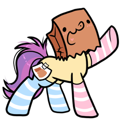 Size: 1200x1200 | Tagged: safe, artist:paperbagpony, oc, oc only, oc:paper bag, earth pony, pony, 2022 community collab, derpibooru community collaboration, blushing, clothes, earth pony oc, fake cutie mark, raised hoof, simple background, socks, solo, striped socks, transparent background