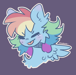 Size: 1280x1267 | Tagged: safe, artist:ryodso, rainbow dash, pegasus, pony, g4, :p, blushing, bust, chest fluff, cute, dashabetes, ear fluff, eyes closed, portrait, purple background, simple background, solo, tongue out
