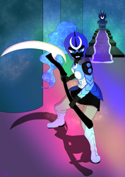 Size: 855x1211 | Tagged: safe, artist:lullabyjak, nightmare moon, human, g4, armor, commission, element of generosity, element of honesty, element of kindness, element of laughter, element of loyalty, element of magic, elements of harmony, humanized, magic, rainbow, scythe, throne room, weapon