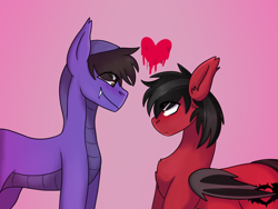 Size: 2048x1536 | Tagged: safe, artist:revenge.cats, bat pony, original species, snake, snake pony, cobra starship, commission, duo, duo male, ear fluff, fall out boy, fangs, folded wings, gabe saporta, heart, male, pete wentz, pink background, scales, shipping, simple background, wings