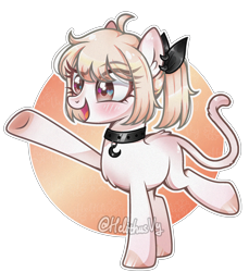 Size: 2394x2612 | Tagged: safe, artist:helithusvy, artist:mint-light, oc, oc only, oc:sannie, earth pony, pony, base used, blushing, bow, cat tail, choker, collar, dreamworks face, earth pony oc, eye clipping through hair, eyebrows, eyebrows visible through hair, female, high res, mare, open mouth, open smile, simple background, smiling, solo, tail, transparent background