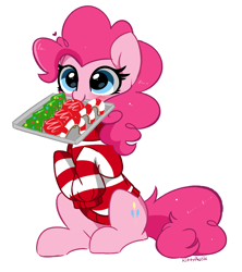 Size: 3501x3940 | Tagged: safe, artist:kittyrosie, pinkie pie, earth pony, pony, blushing, christmas, christmas cookies, cookie, cute, diapinkes, female, food, heart, high res, holiday, mare, mouth hold, redraw, simple background, solo, white background