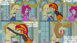 Size: 1280x720 | Tagged: safe, edit, edited screencap, editor:quoterific, screencap, applejack, pinkie pie, sunset shimmer, equestria girls, g4, my little pony equestria girls, applejack's hat, balloon, belt, clothes, cowboy hat, cutie mark on clothes, denim skirt, female, hat, jacket, leather, leather jacket, open mouth, skirt