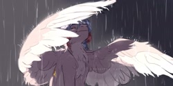 Size: 1820x900 | Tagged: safe, artist:sannateacupss, oc, oc only, pegasus, pony, eyes closed, rain, smiling, solo, spread wings, wings