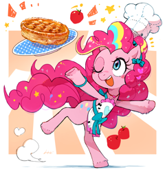 Size: 2612x2720 | Tagged: safe, artist:fuyugi, pinkie pie, earth pony, pony, g4, apple, apron, bipedal, blushing, bracelet, chef's hat, clothes, cute, diapinkes, female, food, hat, high res, jewelry, mare, necklace, one eye closed, open mouth, open smile, pie, rainbow power, smiling, solo, standing, standing on one leg