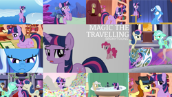 Size: 1280x721 | Tagged: safe, artist:bronytoons, edit, editor:quoterific, bon bon, derpy hooves, lyra heartstrings, mayor mare, pinkie pie, sweetie drops, trixie, twilight sparkle, wild fire, earth pony, pegasus, pony, unicorn, magic the traveling, g4, bath, bathroom, bathtub, book, eyes closed, female, golden oaks library, kissing, lesbian, mare, open mouth, ship:lyrabon, shipping, smiling, that pony sure does love books, unicorn twilight