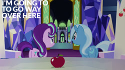 Size: 1280x720 | Tagged: safe, edit, edited screencap, editor:quoterific, screencap, spike, starlight glimmer, trixie, dragon, pony, unicorn, all bottled up, g4, season 7, apple, butt, cutie map, female, food, glimmer glutes, male, mare, open mouth, plot, the great and powerful ass, twilight's castle