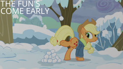 Size: 1280x720 | Tagged: safe, edit, edited screencap, editor:quoterific, screencap, applejack, earth pony, pony, g4, season 5, tanks for the memories, applejack's hat, butt, clothes, cowboy hat, female, hat, jacket, mare, plot, smiling, snow, snowball, solo, tree