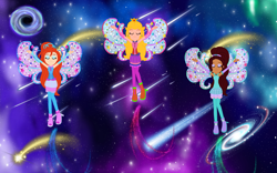 Size: 4000x2500 | Tagged: safe, artist:machakar52, artist:user15432, fairy, equestria girls, g4, aisha, barely eqg related, base used, black hole, bloom (winx club), blue wings, boots, clothes, cosmix, crossover, crown, ear piercing, earring, equestria girls style, equestria girls-ified, eyes closed, fairies, fairies are magic, fairy dust, fairy princess, fairy wings, fairyized, fingerless gloves, flying, galaxy, galaxy background, gloves, green wings, high heel boots, high heels, jewelry, layla, piercing, pink wings, princess peach, regalia, shoes, shooting star, space, sparkly wings, spiral, spiral galaxy, stars, super mario bros., super mario galaxy, trio, wings, winx, winx club, winxified