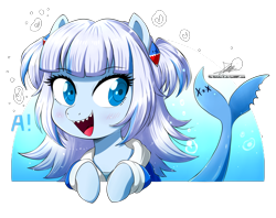 Size: 2250x1785 | Tagged: safe, artist:the-butch-x, original species, pony, shark, shark pony, a, blue background, blue eyes, bubble, cute, fangs, fish tail, gawr gura, hololive, hololive eng, open mouth, open smile, ponified, sharp teeth, signature, simple background, smiling, solo, tail, teeth, transparent background, underwater, vtuber, water