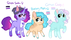 Size: 2977x1694 | Tagged: safe, artist:moccabliss, oc, oc only, oc:blueberry muffin, oc:cotton candy, oc:grape soda, earth pony, pony, unicorn, asexual pride flag, bisexual pride flag, colt, female, filly, magical lesbian spawn, male, mare, offspring, parent:bon bon, parent:lyra heartstrings, parents:lyrabon, pride, pride flag, simple background, transgender pride flag, white background