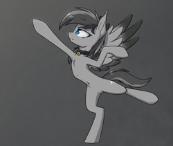 Size: 1850x1560 | Tagged: safe, artist:danger_above, oc, oc only, oc:kainy, pegasus, pony, bell, bell collar, belly, belly button, bipedal, chest fluff, collar, ear fluff, featureless crotch, female, mare, raised hoof, ribcage, slender, smiling, solo, standing, thin