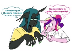 Size: 1173x842 | Tagged: safe, artist:redxbacon, princess cadance, queen chrysalis, alicorn, changeling, changeling queen, anthro, g4, female, infidelity, lesbian, nail polish, queen chrysalis is not amused, ship:cadalis, shipping, thought bubble, unamused