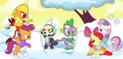 Size: 3568x1728 | Tagged: safe, artist:porygon2z, apple bloom, scootaloo, spike, sweetie belle, oc, oc:heatwave, dragon, earth pony, griffon, pegasus, pony, titan, unicorn, g4, apple bloom's bow, bow, broken horn, clothes, crossover, cute, cutie mark crusaders, earmuffs, female, filly, group, hair bow, hat, horn, king clawthorne, male, movie accurate, scarf, sextet, skull, snow, snowball, snowball fight, sweater, the owl house, winter hat