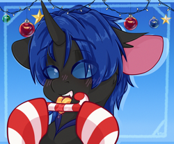 Size: 2400x2000 | Tagged: safe, artist:etoz, oc, oc only, oc:swift dawn, changeling, pony, blue changeling, blushing, candy, candy cane, changeling oc, christmas, christmas changeling, christmas stocking, clothes, commission, drool, drool string, eating, eyebrows, eyebrows visible through hair, fangs, food, happy, high res, holiday, horn, horny, licking, male, merry christmas, salivating, shy, smiling, socks, solo, stallion, stockings, striped socks, striped stockings, teeth, thigh highs, tongue out, ych result