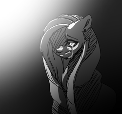 Size: 1606x1505 | Tagged: safe, artist:enifersuch, fluttershy, pegasus, pony, g4, bust, crying, female, gradient background, grayscale, hair over one eye, mare, monochrome, sad, solo