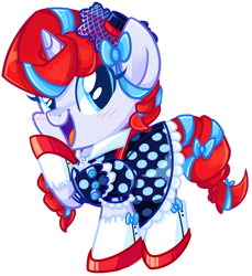 Size: 962x1052 | Tagged: safe, artist:khimi-chan, oc, oc only, pony, unicorn, clothes, dress, eyelashes, female, hoof polish, horn, mare, simple background, smiling, solo, unicorn oc, white background