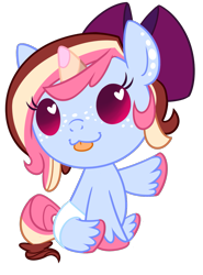 Size: 863x1169 | Tagged: safe, artist:khimi-chan, oc, oc only, oc:neigh-apolitan, oc:polly, pony, unicorn, :p, baby, baby pony, bow, diaper, freckles, hair bow, heart eyes, horn, simple background, sitting, smiling, solo, tongue out, transparent background, unicorn oc, unshorn fetlocks, wingding eyes