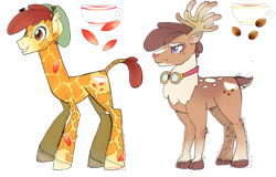 Size: 1517x969 | Tagged: safe, artist:khimi-chan, deer, giraffe, reindeer, antlers, beanie, cutie mark, duo, goggles, hat, male, smiling, story included