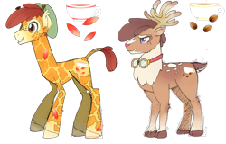 Size: 1517x969 | Tagged: safe, artist:khimi-chan, deer, giraffe, reindeer, antlers, beanie, concave belly, cutie mark, duo, duo male, goggles, hat, male, physique difference, skinny, smiling, story included, thin