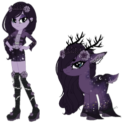 Size: 557x568 | Tagged: safe, artist:cueen, artist:gihhbloonde, oc, oc only, deer, equestria girls, g4, antlers, base used, clothes, cloven hooves, dress, duo, ear piercing, equestria girls-ified, eyelashes, female, flower, flower in hair, frown, hair over one eye, jewelry, lidded eyes, makeup, piercing, rose, shorts, simple background, smiling, tiara, transparent background