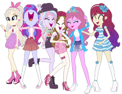 Size: 810x628 | Tagged: safe, artist:gihhbloonde, oc, oc only, oc:condensed milk, oc:gihh bloonde, oc:music melody, equestria girls, g4, base used, clothes, dress, eyelashes, eyes closed, female, group, sandals, shoes, side hug, simple background, skirt, smiling, transparent background
