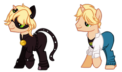 Size: 984x588 | Tagged: safe, artist:gihhbloonde, pony, unicorn, adrien agreste, animal costume, base used, cat costume, chat noir, clothes, costume, duo, horn, horn ring, male, mask, miraculous ladybug, pants, ponified, raised hoof, ring, simple background, smiling, stallion, transparent background