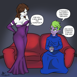Size: 1300x1300 | Tagged: safe, artist:mitconnors, raven, spike, dragon, human, unicorn, equestria girls, g4, bedroom eyes, breasts, busty raven, clothes, coffee, comic, couch, cup, cute, dialogue, dress, fancy dress, female, gala dress, gown, humanized, loose hair, male, purple dress, ravenbetes, secretary, ship:ravenspike, shipping, snuggie, spikabetes, spikelove, straight, strapless dress