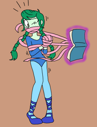 Size: 1370x1801 | Tagged: safe, artist:bugssonicx, wallflower blush, human, equestria girls, g4, bondage, book, braided pigtails, clothes, female, gag, leotard, one eye closed, tape, tape bondage