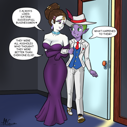 Size: 1300x1300 | Tagged: safe, artist:mitconnors, raven, spike, equestria girls, g4, bedroom eyes, breasts, busty raven, clothes, comic, cute, date, date night, dialogue, door, dress, ear piercing, earring, fancy dress, feather, female, gala dress, gemstones, gown, hair bun, hat, jewelry, male, necklace, necktie, piercing, purple dress, ravenbetes, secretary, ship:ravenspike, shipping, shoes, spikabetes, spikelove, straight, strapless dress, suit, vest, white suit