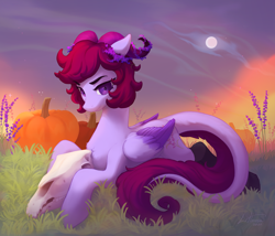 Size: 5000x4288 | Tagged: safe, artist:littmosa, oc, oc only, pegasus, pony, commission, eyebrows, halloween, holiday, horns, lavender, leonine tail, long tail, looking at you, lying down, male, pegasus oc, pumpkin, skull, solo, tail, ych result