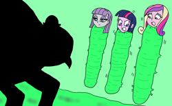 Size: 1508x931 | Tagged: safe, artist:bugssonicx, dean cadance, maud pie, princess cadance, twilight sparkle, human, spider, equestria girls, g4, bondage, cocoon, female, gritted teeth, help us, spider web, struggling