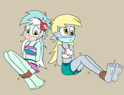 Size: 1406x1080 | Tagged: safe, artist:bugssonicx, derpy hooves, lyra heartstrings, human, equestria girls, g4, ankle tied, arm behind back, barefoot, bondage, bound and gagged, cloth gag, clothes, duo, feet, female, gag, help us, lyra heartstrings swimsuit, soles, swimsuit, tied up