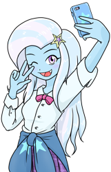 Size: 516x800 | Tagged: safe, artist:batipin, trixie, equestria girls, g4, breasts, clothes, cute, cute little fangs, fangs, female, one eye closed, open mouth, phone, school uniform, selfie, simple background, skirt, solo, transparent background