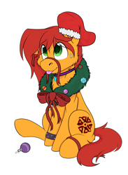 Size: 1568x2144 | Tagged: safe, artist:rokosmith26, oc, oc only, oc:kale triton, earth pony, pony, anklet, bow, cheek fluff, chest fluff, christmas, christmas stocking, christmas wreath, commission, earth pony oc, floppy ears, holiday, jewelry, looking up, male, necklace, one ear down, raised hoof, ribbon, simple background, sitting, smiling, solo, stallion, sweat, sweatdrop, tail, tongue out, transparent background, wreath, ych result