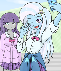 Size: 640x740 | Tagged: safe, artist:batipin, maud pie, trixie, equestria girls, g4, breasts, clothes, cute, cute little fangs, diatrixes, duo, fangs, female, one eye closed, open mouth, phone, school uniform, selfie, skirt