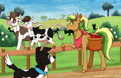 Size: 1900x1222 | Tagged: safe, artist:inuhoshi-to-darkpen, daisy jo, oc, oc only, oc:dottie, oc:willow wisp, cow, dog, earth pony, pony, g4, apple, bandana, basket, border collie, bush, collar, cottagecore, cow oc, earth pony oc, fence, flower, food, implied interspecies, implied lesbian, looking at someone, looking at something, nudity, parent:apple fritter, parent:daisy jo, parent:meadow song, parents:meadowfritter, sweet apple acres, tongue out, udder