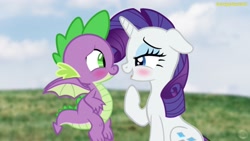 Size: 2048x1151 | Tagged: safe, artist:georgegarza01, rarity, spike, dragon, pony, unicorn, g4, blushing, cute, duo, female, looking at each other, looking at someone, male, mare, open mouth, raribetes, ship:sparity, shipping, show accurate, smiling, spikabetes, straight, winged spike, wings
