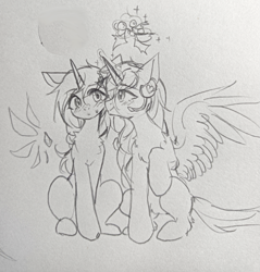 Size: 879x920 | Tagged: safe, oc, oc only, oc:diana melody, oc:yuna hala, alicorn, pony, unicorn, alicorn oc, christmas, female, grayscale, holiday, holly, holly mistaken for mistletoe, horn, mare, monochrome, traditional art, wings