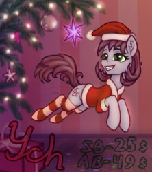 Size: 900x1013 | Tagged: safe, artist:eltaile, pony, advertisement, christmas, christmas tree, clothes, commission, costume, hat, holiday, santa costume, santa hat, socks, solo, stockings, striped socks, thigh highs, tree, your character here