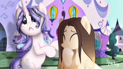 Size: 1280x724 | Tagged: safe, artist:cindystarlight, artist:starsparkz201, oc, oc only, oc:cindy, pegasus, pony, unicorn, g4, my little pony: friendship is magic, the crystal empire, bipedal, duo, duo female, eyes closed, female, mare