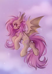 Size: 2480x3508 | Tagged: safe, artist:arisuyukita, fluttershy, bat pony, pony, g4, bat ponified, fangs, female, flutterbat, flying, high res, race swap, red eyes, side view, simple background, solo, sparkles