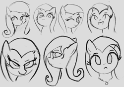 Size: 2388x1668 | Tagged: safe, artist:solid shrimp, fluttershy, pegasus, pony, g4, angry, bust, cute, facial expressions, monochrome, one eye closed, sketch, sketch dump, smiling, wink