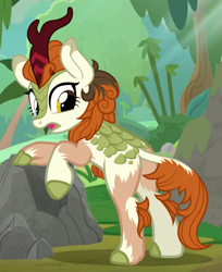 Size: 983x1202 | Tagged: safe, artist:anonymous, autumn blaze, kirin, g4, /ptfg/, bipedal, bipedal leaning, d:, eye color change, female, human to kirin, leaning, looking back, mid-transformation, open mouth, outdoors, rock, show accurate, solo, transformation, tree