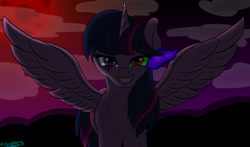 Size: 1280x754 | Tagged: safe, artist:inarios, twilight sparkle, alicorn, pony, g4, corrupted, dark, dark magic, evil twilight, female, grin, magic, mare, smiling, solo, sombra eyes, spread wings, twilight sparkle (alicorn), wings