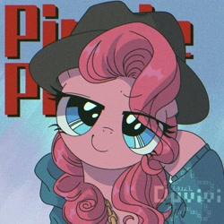 Size: 2000x2000 | Tagged: safe, artist:duvivi, pinkie pie, earth pony, pony, g4, testing testing 1-2-3, chains, eye clipping through hair, fedora, female, front view, full face view, hat, head tilt, high res, lidded eyes, looking at you, mare, rapper pie, smiling, solo