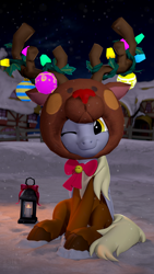 Size: 2160x3840 | Tagged: safe, artist:owlpirate, derpy hooves, pegasus, pony, g4, 3d, 4k, animal costume, bow, christmas, christmas lights, christmas ornament, costume, cute, decoration, derpabetes, female, high res, holiday, lantern, looking at you, mare, one eye closed, reindeer costume, sitting, snow, solo, source filmmaker, wink, winking at you